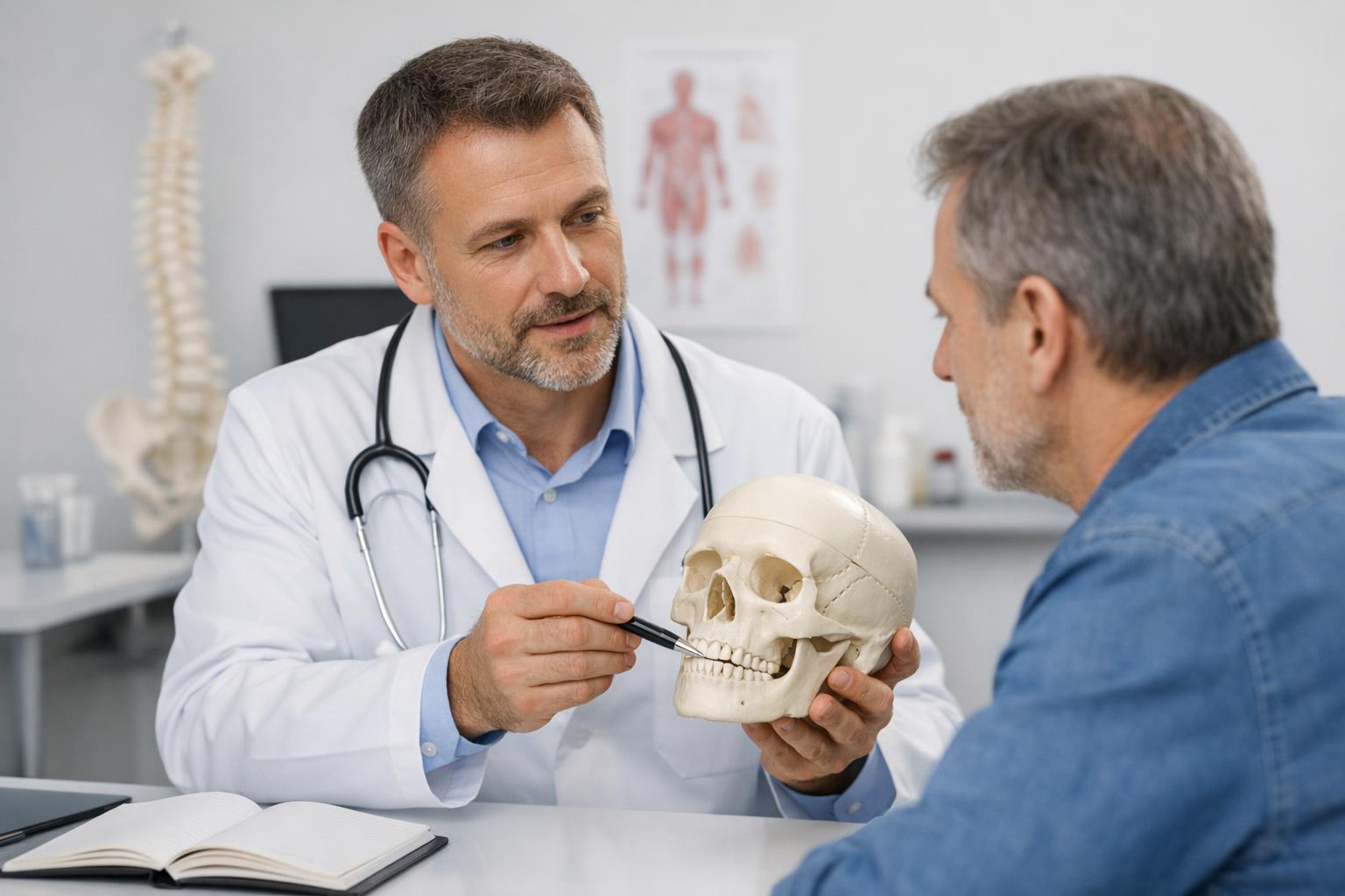 Zdjęcie: lekarz omawia z pacjentem model anatomiczny czaszki