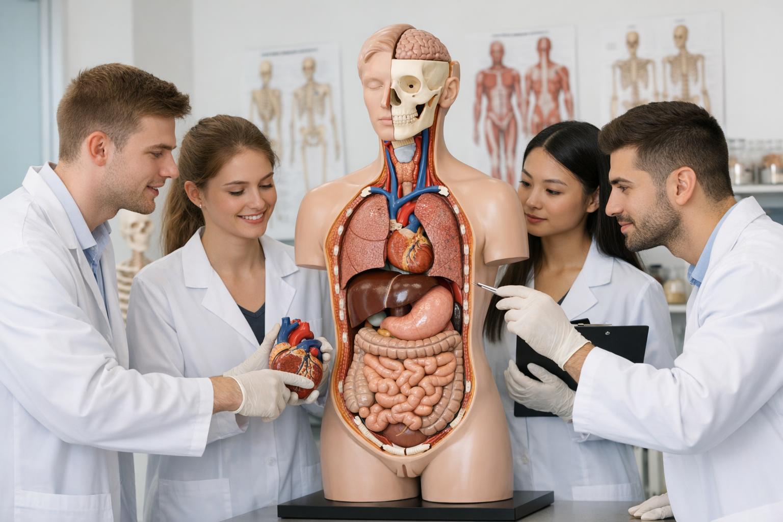 zdjęcie: studenci pracujący z modelem anatomicznym w laboratorium
