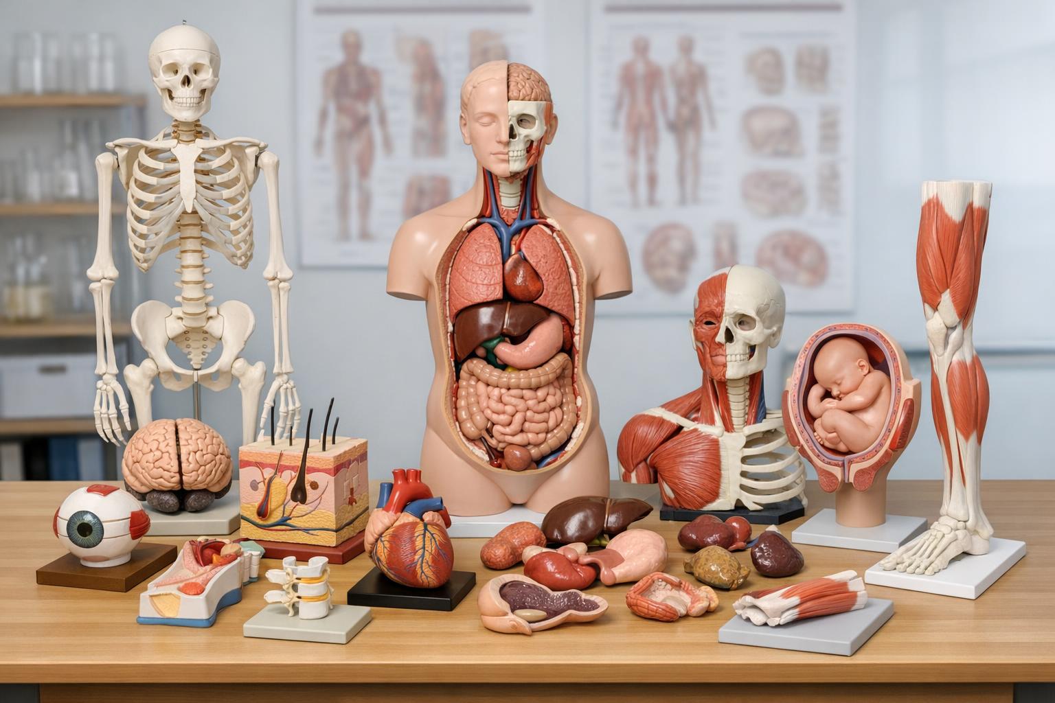zdjęcie: różne typy modeli anatomicznych ułożone na stole edukacyjnym